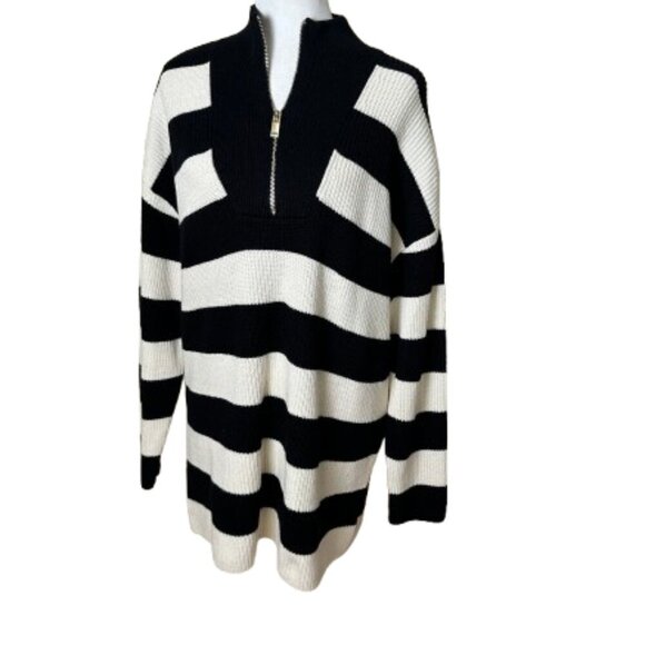 EXPRESS Black & White Striped Quarter Zip Sweater Long Line Size Medium - Picture 1 of 10